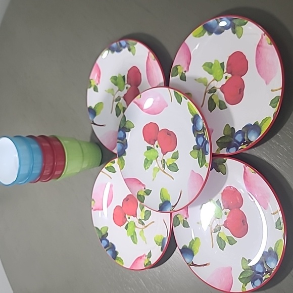 Set Of 5 Cynthia Rowley Whim Melamine Fruit Salad Plates With 5 Barrel Cups - Picture 6 of 8